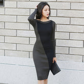 O-neck Patchwork Mid-length Full Sleeve Knitted Sweater Dress