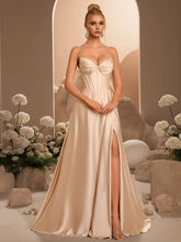 Elegant A-Line Draped High Split Ruffles Strapless Evening Party Maxi Dress