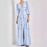 Vintage Long Sleeve High Waist Lace Splicing Stand Collar Midi Dress