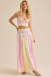 Print High Waist Pleated Slim Maxi Dresses Fly Sleeve Tops Skirt Sets