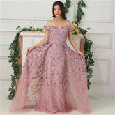 Off Shoulder Handmade Flowers Crystal Evening Dress