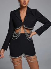 Patchwork Chain Lapel Long Sleeve Chic Blazers High Waist Mini Skirt Solid Set