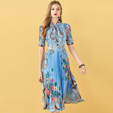 Patchwork Floral Print Pleated Midi Dress