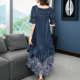 Patchwork Lace Mid-calf Short Sleeve Denim Dresses
