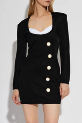 Patchwork U Neck Long Sleeves Retro Button Decoration Party Evening Bodycon Bandage Mini Dresses
