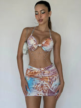 Pearl Chains Knot Wrap Tie Dye Print Halter Bandage Backless Skinny Party Mini Bodycon Dress