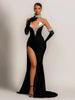 Pearls Diamonds Velvet Beaded Strapless With Gloves Neck Maxi Dress