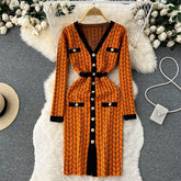 Plaid Print Knitted V Neck Causal Sweater Dress
