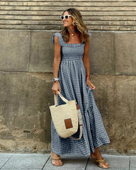 Plaid printed A-line dresses for female Elegant lady Beach Long Dresses