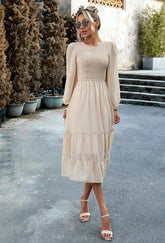 Pleated Layered Jewel Neck Long Sleeves Midi Dress
