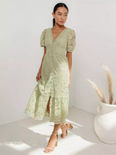 Casual Puff Sleeves Lace V-Neckline Short Sleeve Illusion Sheer Layered Midi Dress