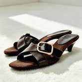 Retro Brown Cross Tied Mules Sandals Belt Buckle Detail Kitten Heel