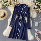 Retro O Neck Button Long Sleeve Streetwear Knitted Dress