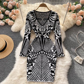 Retro Print Knitting Slim Bodycon Sweater Dress
