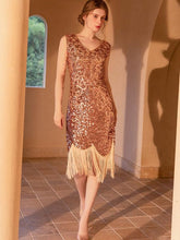 Retro V-Neck Polyester Fringe Knee Length Sleeveless Midi Dress