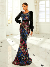 Round Neck Long Sleeve Sequin Mermaid Evening Party Dress