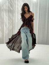 Ruffle V-neck Irregular Mesh See Through Sleeveless Chic Mid-length Dress