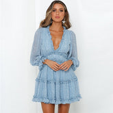 Ruffles Deep V-neck Floral Print A-line Backless Dress