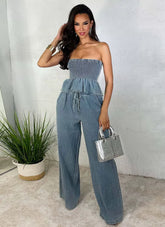 Ruffles Hem Elastic Strapless Crop Tops and Wide Leg Jeans Two Pieces Pants Set