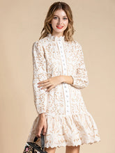 Ruffles Lantern Sleeve Hollow Out Single Breasted Lace Mini Dress