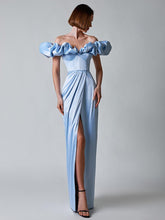 Ruffles Off The Shoulder High Slit Pleated Maxi Dresses