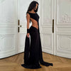 Elegant One Shoulder Irregular Hollow Out Bodycon Ribbon Split Maxi Dress