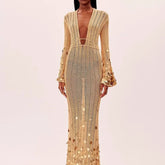 Sequin Deep Neck Lace Up High Waist Long Party Club Knitted Maxi Dress