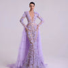 Sequins Mermaid 3D Flowers Long Sleeves V-Neck Floor-Length Party Prom Maxi Dress