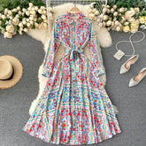 A-Line Stand Collar Long Sleeve Design Print Maxi Dress