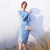 Long Sleeve Shell Button Sweater Midi Dress