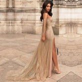 Off Shoulder Sequined Elegant Long Sleeve Maxi Club Dress