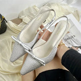 Pointed Toe Bow Back Strap Pumps Luxury Bling Rhinestone Branded Designer Shoes