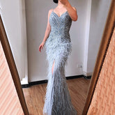 Split Feathers Beaded Mermaid Evening Dresse