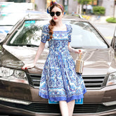 Square Collar Porcelain Print Holiday Party Dress