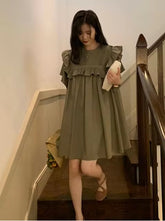 Short Petal Sleeve O-Neck Ruffles Patchwork Pleated Pregnancy Maternity Mini Dress