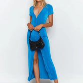 Single-breasted Solid V-neck Party Bodycon Maxi Dresses