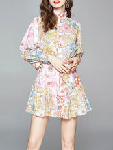 Skater Printed High Collar Lace Up Floral Print Casual Long Sleeves Polyester Fit And Flare Dress