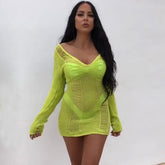 Solid Color Hollow Mini Knit Dress