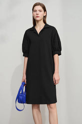 Solid Color Loose Lantern Sleeve V Neck Knit Stretch Comfort Minimalism Casual Dress