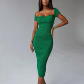 Solid Color Rib Knit Square Neck Short Sleeves Dress