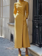 Elegant Solid Color Stand Collar Long Sleeves Single-breasted H-Line High Street Midi Dress