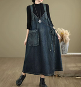 Solid Color V-neck Spaghetti Strap Spliced Large Pockets Loose Denim Dress