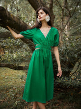 Solid Cut Out Wrap V-neck Puff Sleeve Bowknot Button Dress