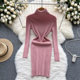Solid Elastic Turtleneck Knitted Long Sleeves Slim Sweater Dress