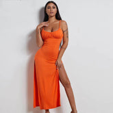 Solid High Split Spaghetti Strap Slim Midi Dress