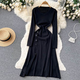 Solid O Neck Casual A Line Sweater Long Slim Dresses