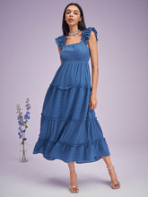 Solid Shirred Tiered Cap Sleeve Lettuce Edge Swing Maxi Dress