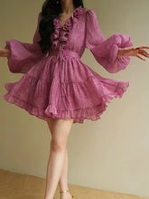 Solid Two Piece Set V Neck Long Sleeve Top High Waist Temperamment Skirt Elegant Sets