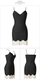 Spaghetti Strap V Neck Mini Bandage Dress Diamonds Tassel Party Dresses