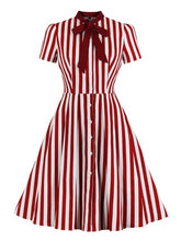 Stand Collar Bows Stripes Layered Short Sleeves Printed Swing Dress